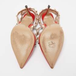 Pre Owned Valentino Orange/Pink Patent and Leather Caged Rockstud  Ankle Strap Pumps Size 39