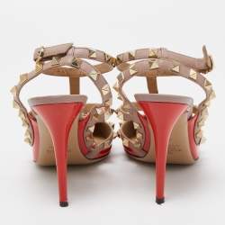 Pre Owned Valentino Orange/Pink Patent and Leather Caged Rockstud  Ankle Strap Pumps Size 39