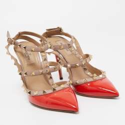 Pre Owned Valentino Orange/Pink Patent and Leather Caged Rockstud  Ankle Strap Pumps Size 39