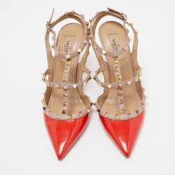 Pre Owned Valentino Orange/Pink Patent and Leather Caged Rockstud  Ankle Strap Pumps Size 39