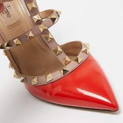 Pre Owned Valentino Orange/Pink Patent and Leather Caged Rockstud  Ankle Strap Pumps Size 39