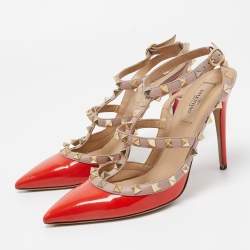 Pre Owned Valentino Orange/Pink Patent and Leather Caged Rockstud  Ankle Strap Pumps Size 39