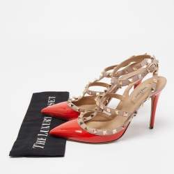 Pre Owned Valentino Orange/Pink Patent and Leather Caged Rockstud  Ankle Strap Pumps Size 39