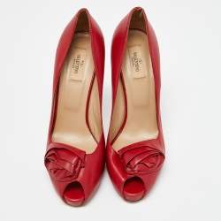 Pre Owned Valentino Red Leather Rose Applique Peep Toe Pumps Size 41