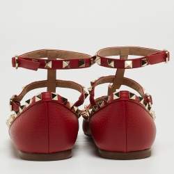 Pre Owned Valentino Red Leather Rockstud Ballet Flats Size 38