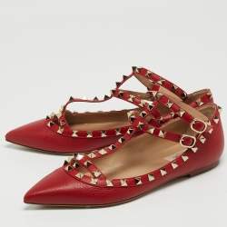 Pre Owned Valentino Red Leather Rockstud Ballet Flats Size 38