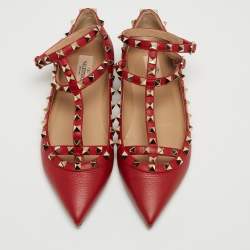 Pre Owned Valentino Red Leather Rockstud Ballet Flats Size 38