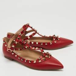Pre Owned Valentino Red Leather Rockstud Ballet Flats Size 38
