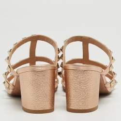 Pre Owned Valentino Rose Gold Leather Rockstud Slide Sandals Size 37