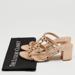 Pre Owned Valentino Rose Gold Leather Rockstud Slide Sandals Size 37