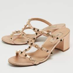 Pre Owned Valentino Rose Gold Leather Rockstud Slide Sandals Size 37