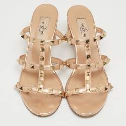 Pre Owned Valentino Rose Gold Leather Rockstud Slide Sandals Size 37