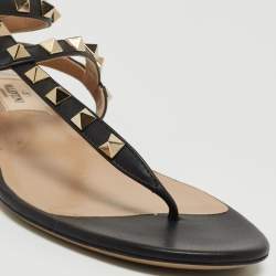 Pre Owned Valentino Black Leather Rockstud Ankle Strap Flat Sandals Size 37