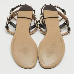 Pre Owned Valentino Black Leather Rockstud Ankle Strap Flat Sandals Size 37