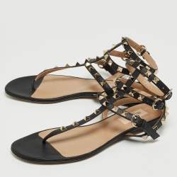 Pre Owned Valentino Black Leather Rockstud Ankle Strap Flat Sandals Size 37
