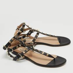 Pre Owned Valentino Black Leather Rockstud Ankle Strap Flat Sandals Size 37