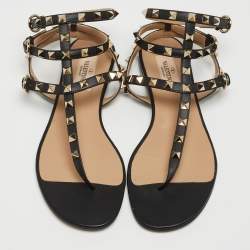 Pre Owned Valentino Black Leather Rockstud Ankle Strap Flat Sandals Size 37
