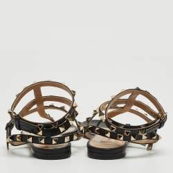 Pre Owned Valentino Black Leather Rockstud Ankle Strap Flat Sandals Size 37