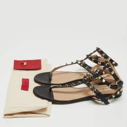 Pre Owned Valentino Black Leather Rockstud Ankle Strap Flat Sandals Size 37