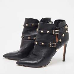 Pre Owned Valentino Black Leather Rockstud Ankle Boots Size 40