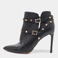 Pre Owned Valentino Black Leather Rockstud Ankle Boots Size 40