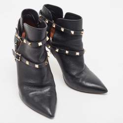 Pre Owned Valentino Black Leather Rockstud Ankle Boots Size 40
