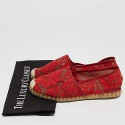 Pre Owned Valentino Red Lace Espadrille Flats Size 38