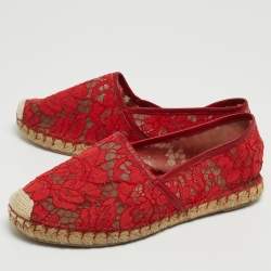 Pre Owned Valentino Red Lace Espadrille Flats Size 38