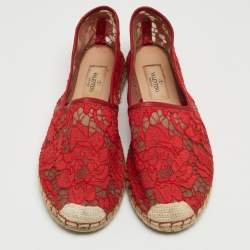 Pre Owned Valentino Red Lace Espadrille Flats Size 38