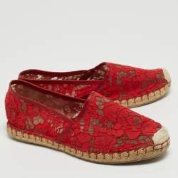 Pre Owned Valentino Red Lace Espadrille Flats Size 38