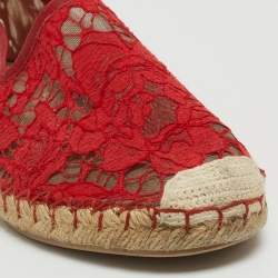 Pre Owned Valentino Red Lace Espadrille Flats Size 38