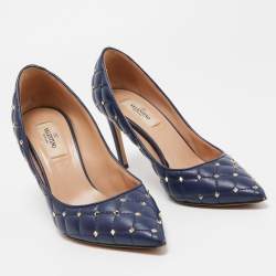 Pre Owned Valentino Blue Quilted Leather Rockstud Pointed Toe Pumps Size 36.5