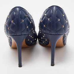 Pre Owned Valentino Blue Quilted Leather Rockstud Pointed Toe Pumps Size 36.5