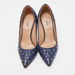 Pre Owned Valentino Blue Quilted Leather Rockstud Pointed Toe Pumps Size 36.5