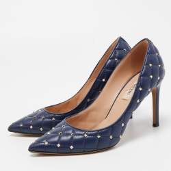 Pre Owned Valentino Blue Quilted Leather Rockstud Pointed Toe Pumps Size 36.5