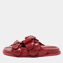 Pre Owned Valentino Dark Red Leather Atelier 03 Rose Edition Slides Size 39