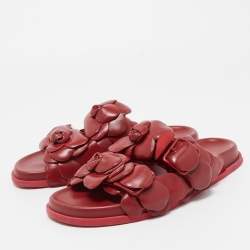 Pre Owned Valentino Dark Red Leather Atelier 03 Rose Edition Slides Size 39