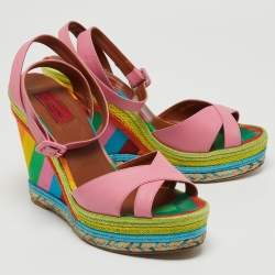 Pre Owned Valentino Pink Leather Criss Cross Wedge Platform Espadrille Ankle Wrap Sandals Size 40