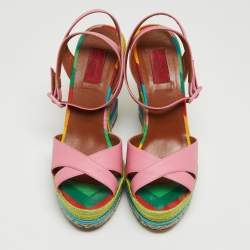 Pre Owned Valentino Pink Leather Criss Cross Wedge Platform Espadrille Ankle Wrap Sandals Size 40