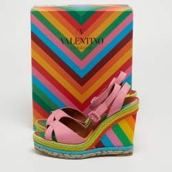 Pre Owned Valentino Pink Leather Criss Cross Wedge Platform Espadrille Ankle Wrap Sandals Size 40