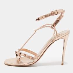 Pre Owned Valentino Metallic Rose Gold Leather Rockstud  Ankle Strap Sandals Size 38