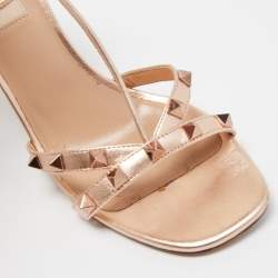 Pre Owned Valentino Metallic Rose Gold Leather Rockstud  Ankle Strap Sandals Size 38