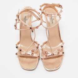 Pre Owned Valentino Metallic Rose Gold Leather Rockstud  Ankle Strap Sandals Size 38