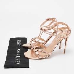 Pre Owned Valentino Metallic Rose Gold Leather Rockstud  Ankle Strap Sandals Size 38