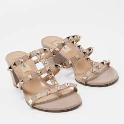 Pre Owned Valentino Dusty Pink Leather Rockstud Strappy Block Heel Sandals Size 35.5