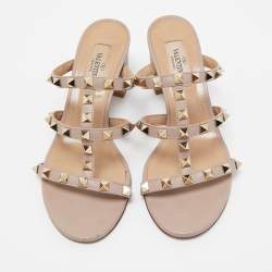 Pre Owned Valentino Dusty Pink Leather Rockstud Strappy Block Heel Sandals Size 35.5