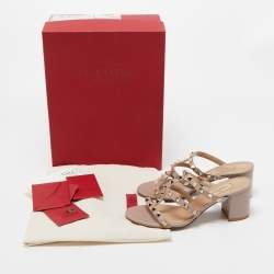 Pre Owned Valentino Dusty Pink Leather Rockstud Strappy Block Heel Sandals Size 35.5