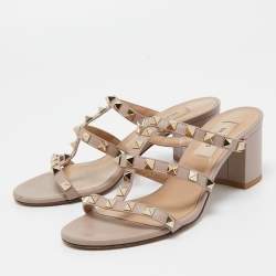 Pre Owned Valentino Dusty Pink Leather Rockstud Strappy Block Heel Sandals Size 35.5