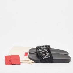 Pre Owned Valentino Black Crystals Logo Slides Size 41