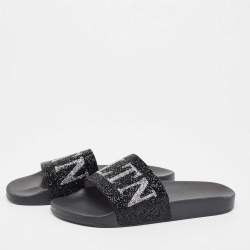 Pre Owned Valentino Black Crystals Logo Slides Size 41